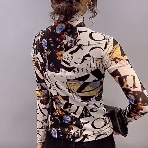 🎉 Pre Order New Black Sheer Mesh Color Bloc Print Turtleneck Top - Picture 5 of 9